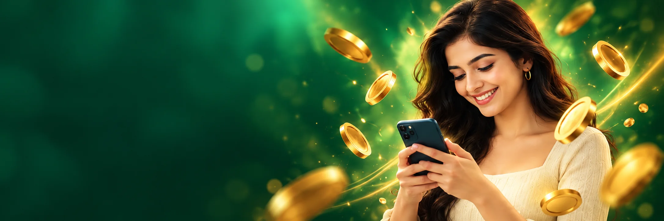 A happy woman looking at her phone, surrounded by gold game coins